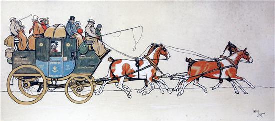 Cecil Aldin (1870-1935) Mail coaches Perth Aberdeen and London Plymouth, 12.5 x 26.5in.